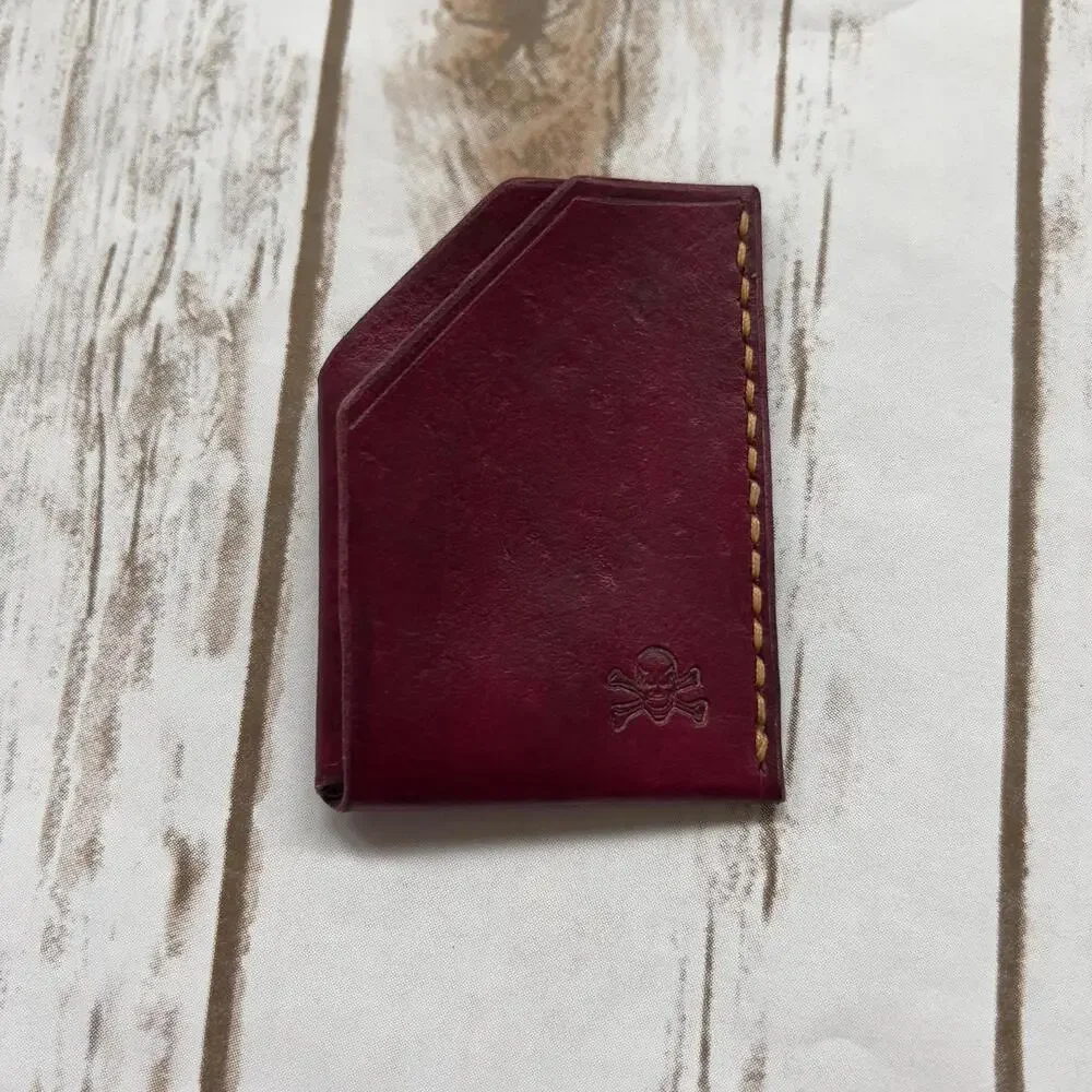 Burgundy Leather‎ Card Holder with Skull Embossed Detail